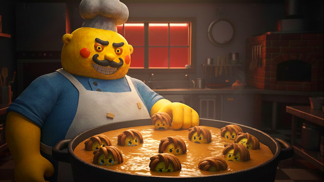 Official Mr.Mix kitchen scene: Mister Mix stands over a pot of soup with yellow faces floating in the broth.